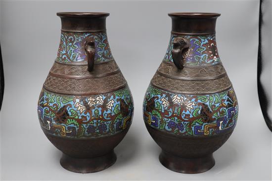 A pair of Japanese champleve enamel vases, height 30cm